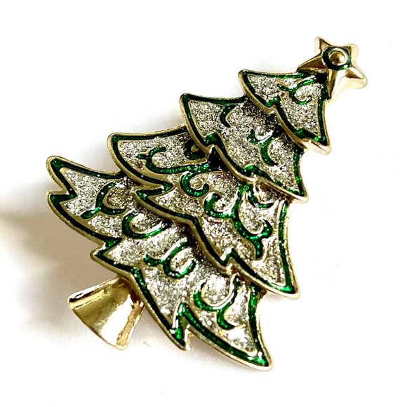 Vintage Christmas Tree Brooch Pin Green Enamel Glitter Gold Tone Plated - Picture 7 of 13